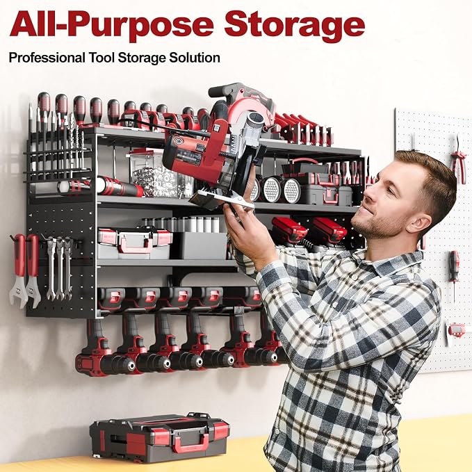 4 Tier Power Tool Organizer Wall Mount, 8 Cordless Tool Rack, 320LBS Heavy Duty Power Tool Storage Rack, Holds 50+ Tools with Side Pegboards for Garage Workshop Warehouse Organization