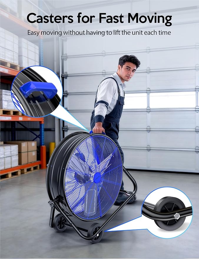 VAGKRI 24 Inch Industrial Drum Fan, 320W High Velocity Floor Fan, 3 Speed Heavy Duty Metal Air Circulator, 360° Tilt with Casters Handle ETL Standard for Patios, Warehouse, Basement,Commercial,(Blue)
