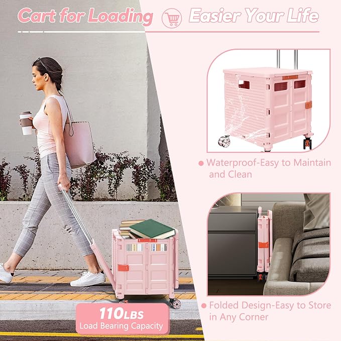 Foldable Utility Cart Rolling Crate Handcart Shopping Cart with Rotate Wheels Extended Magnetic Lid Telescoping Handle Adjustable Angle for Transports Groceries Office Teacher File(Pink)