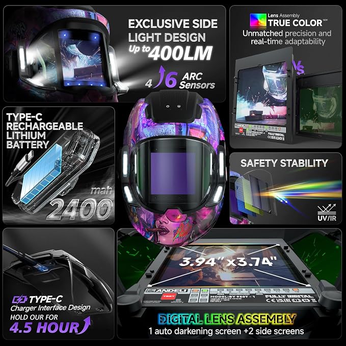 ANDELI Welding Helmet with 4 LED Light, 180° Panoramic 6 Arc Sensor True Color Auto Darkening Welding Hood with Internal Display, 2400mAh Rechargeable Battery for TIG/MIG/Cut/Grind MONERCP-LED-PRO