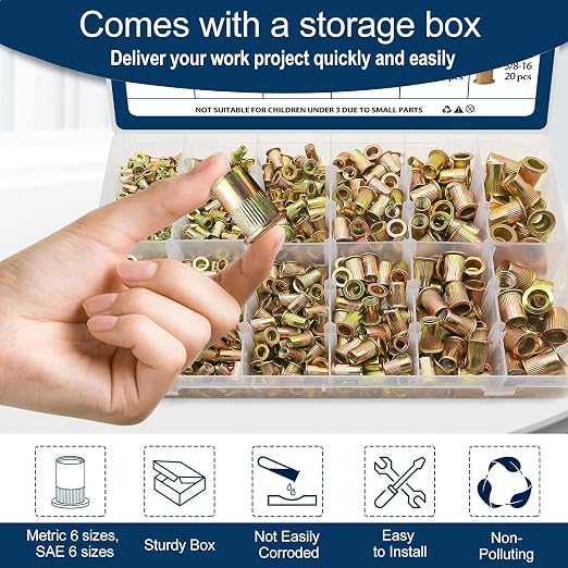 Metric & SAE Rivet Nut Assortment Kit(920 Pcs), M3 M4 M5 M6 M8 M10#6-32#8-32#10-24 1/4"-20 5/16"-18 3/8"-16 UNC Flat Head Rivnut Set, Zinc Plated Finish Carbon Steel Nutsert