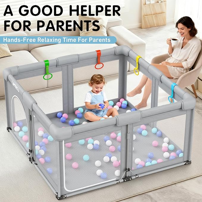Baby Playpen Foldable Playpen for Babies and Toddlers, Large Playpens Portable Play Pen Safety Area for Kid Fence Travel Indoor Outdoor Baby Boy Girl Gifts Newborn Essentials 50"X50" Grey