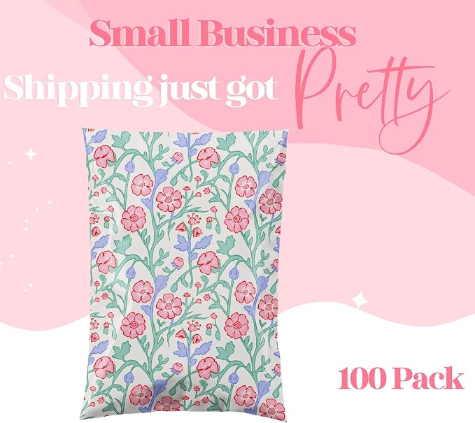 6x9 Designer Poly Mailer 100 Pack Heavy Duty Waterproof Self Seal Shipping Bags for Small Business Large Mailing Envelopes Bulk Tear Resistant Packaging Garden Party Spring Flowers