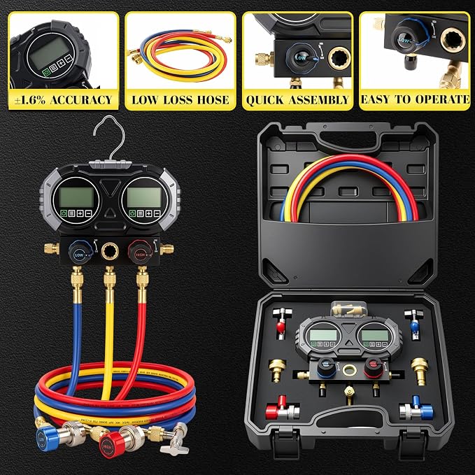 Tellegloww HVAC A2L Digital Manifold Gauge Set for R22 R32 R410A 134A R454B Refrigerant with Hose Kit, 4 Refrigerant Angled Compact Ball Valve and 2 R410A Adapter 2 R454B Adapter