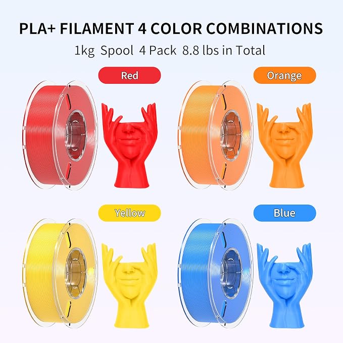 RAMBERY PLA Plus Filament 4KG, Red/Orange/Yellow/Blue PLA Filament 1.75mm | PLA + 3D Printer Filament Bundle, Toughness Upgraded, 1KG X 4 Spools, Fit Most FDM Printers