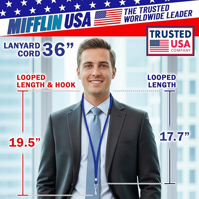 MIFFLIN-USA Flat Breakaway Safety Lanyard for ID Badges (Blue, 36 Inch, 100 Pack), Soft Woven Neck Line