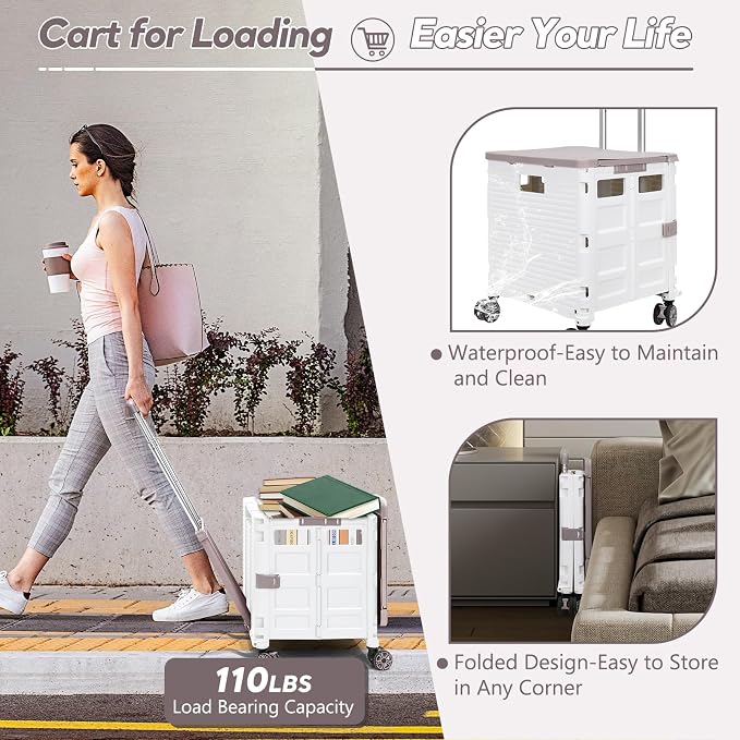 Foldable Utility Cart Rolling Crate Handcart Shopping Cart with Rotate Wheels Extended Magnetic Lid Telescoping Handle Adjustable Angle for Transports Groceries Office Teacher File(White)