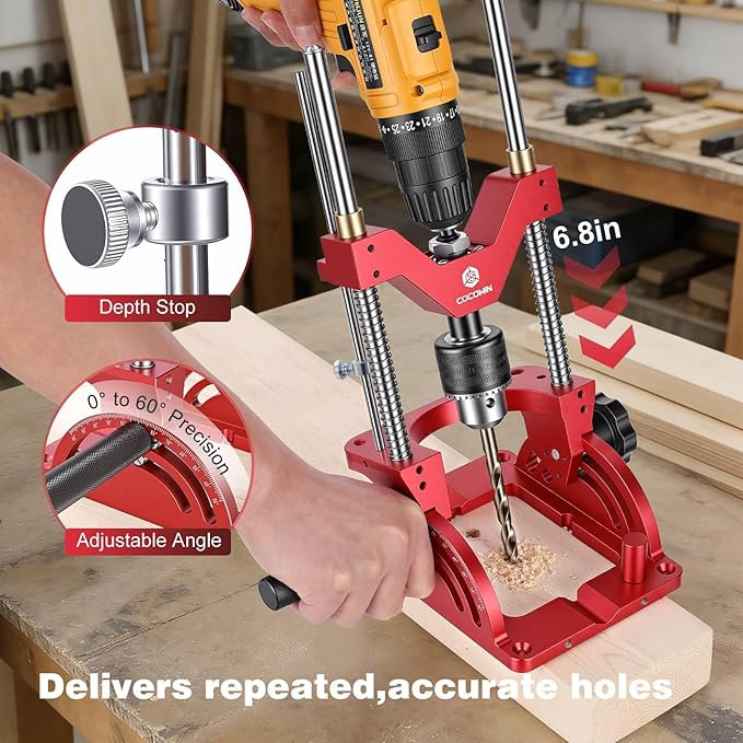 Portable Drill Guide for Drilling Precision Angled or Straight Holes, 0° to 60° Angle Drill Jig Attachment, Drill Press Adapter for Hand Drill, Portable Drill Press with 1/2" Chuck