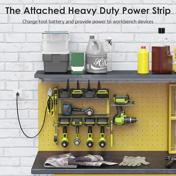 CCCEI Modular Power Tool Organizer Wall Mount Charging Station, Green 6 Drills Holder with 8 Plug Power Strip 6FT, Garage Drill Battery Heavy Duty Metal Shelf, Utility Rack with Hooks, Side Storage.