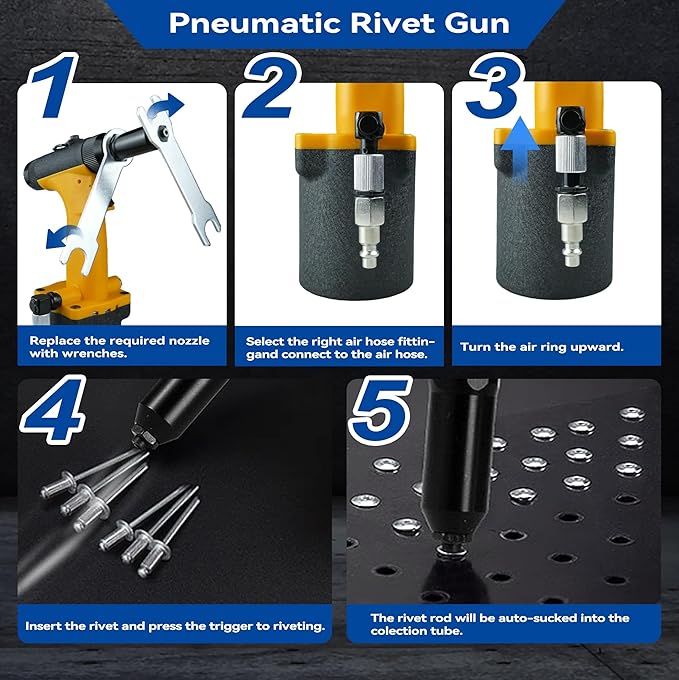 Self-Suction Pneumatic Rivet Gun Kit, Industrial Air Hydraulic Pop Riveter with 5 Nozzles (3/32"–1/4"), 4000LBF Heavy Duty Riveting Tool for Automotive, Construction & Manufacturing