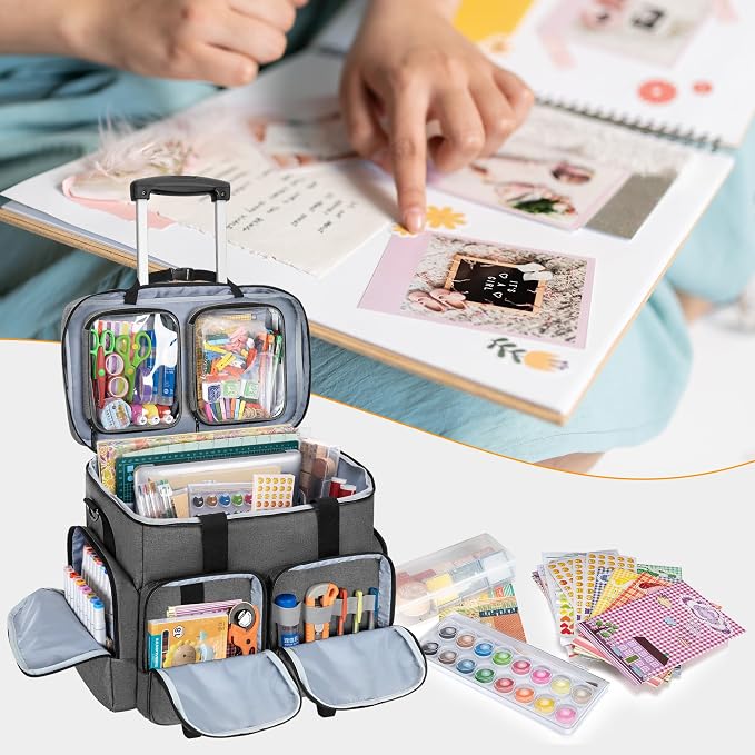 CURMIO Rolling Scrapbook Bag, Craft Tote with Wheels for Paper, Ablum, Gray | Crafts Supplies Tote with Wheels, with 2 detachable zipper pouches, Removable Bottom Board, Shoulder Straps, Large Capacity
