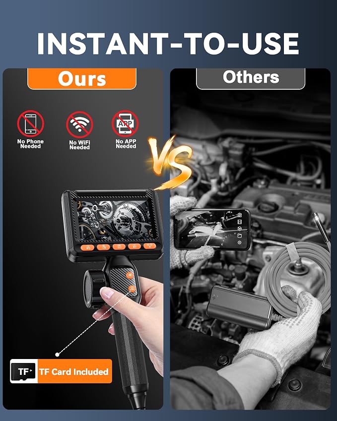 6mm Two-Way Borescope, Dual Lens Endoscope Camera with Light, 1080P HD Inspection Camera with TF Card, 210° Articulating Borescope, IP67 Waterproof, 5FT Snake Camera for Wall Automotive