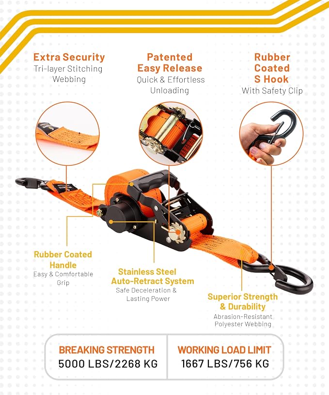 Strapinno 2PCs Retractable Ratchet Tie-Down Straps,5,000 lbs Break Strength- 2 in x 12 ft Heavy Duty Ratchet Strap with Safety Lock S Hooks for Motorcycles, ATVs, UTVs, Lawn Equipment & Cargo-Orange
