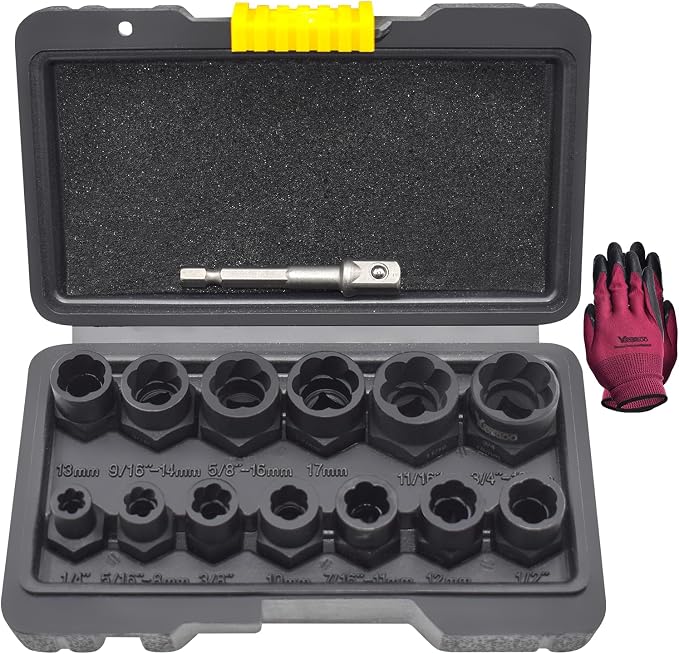 14 Pcs Bolt Nut Extractor Set with Knockout Bar, 3/8" Drive Wheel Lock Removal Kit for Extracting Damaged, Stripped Frozen Nuts & Screws Twist Socket Set, Impact Lug Nut Remover Socket Tool
