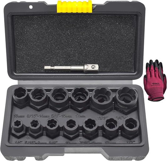 14 Pcs Bolt Nut Extractor Set with Knockout Bar, 3/8" Drive Wheel Lock Removal Kit for Extracting Damaged, Stripped Frozen Nuts & Screws Twist Socket Set, Impact Lug Nut Remover Socket Tool