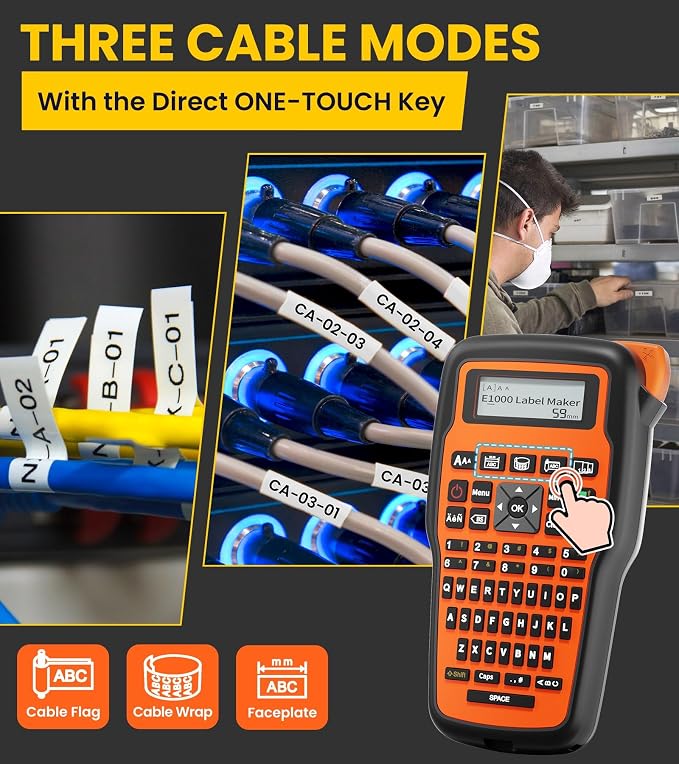 E1000 Wire Cable Label Maker, 6PK Flexible Wire Tapes & 2PK 12mm 0.47 Heat Shrink Tube Tapes, Heat Shrink Label Maker Waterproof-Labels, Handheld Labeler for Industrial Electrical Use