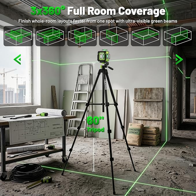 Huepar Laser Level 360° Self Leveling with 60" Tripod, New 3D, Smaller Size, Better Value, 3x360° Green Cross Line Laser Level 12 Lines, Rechargeablel Outdoor Pulse Mode, Tile, Cabinet, etc. ST03CGTP