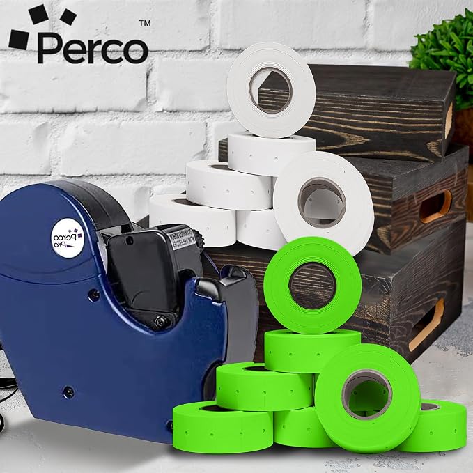 Perco White & Green Pricing Labels for Perco 2 Line Price and Date Gun – One White & One Green Sleeve - 12,000 Price Marking Labels – 2 Sleeves, 16 Rolls Combo Pack - with Label Scraper Included