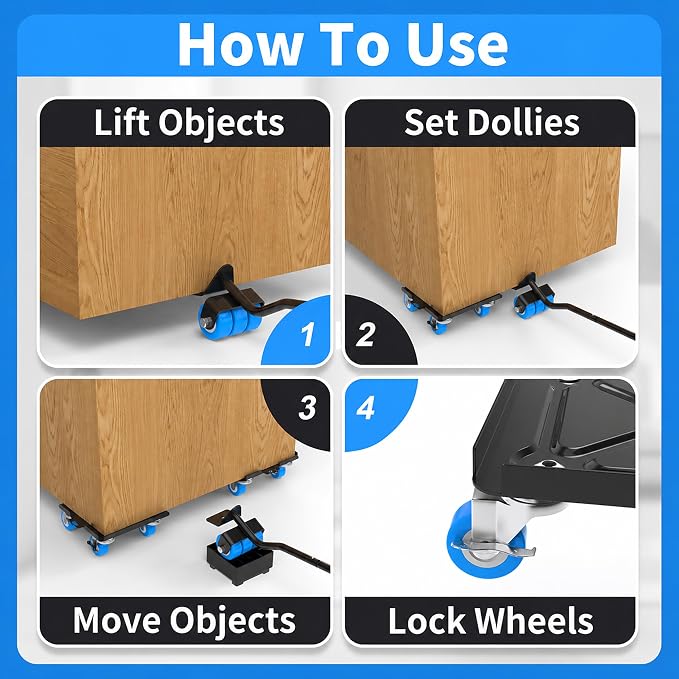 Upgraded Heavy Duty Furniture Dolly 360° Rotating 5 Blue Wheels, Alloy Steel Furniture Movers Up to 3748 lbs/1700 Kg Load Capacity with Measure Tape and Leveler (6.9x6.5 in)