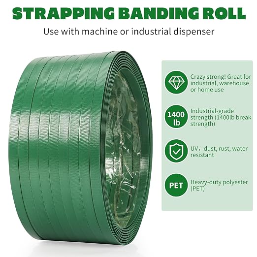 Heavy Duty Packaging Strapping Banding Roll - Green Polyester PET Industrial-Grade, 850' x 5/8" x 0.035" Pallet Strap Coil - 1400 lbs Break Strength Packaging Strapping Banding for Packing