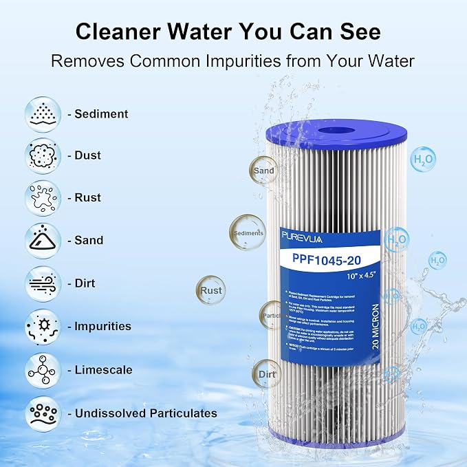 4-Pack 10" x 4.5" Pleated Sediment Water Filter Cartridge 20 Micron High Flow Whole House Water Filter Replacement for Well Water, Compatible with Culligan R50-BBSA, GE FXHSC, ECP5-10B, R30-BB