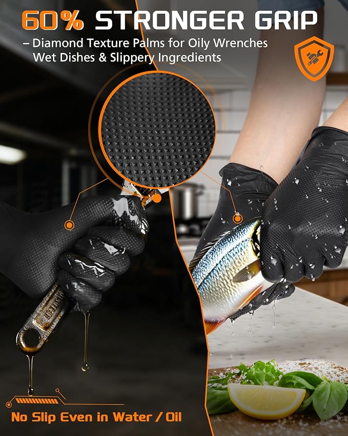 wcy ANBOSON 9 Mil Heavy Duty Nitrile Gloves, Raised Diamond Texture Grip, Latex Free Disposable Industrial Mechanic Work Gloves, Chemical & Puncture Resistant,Black,30 Count