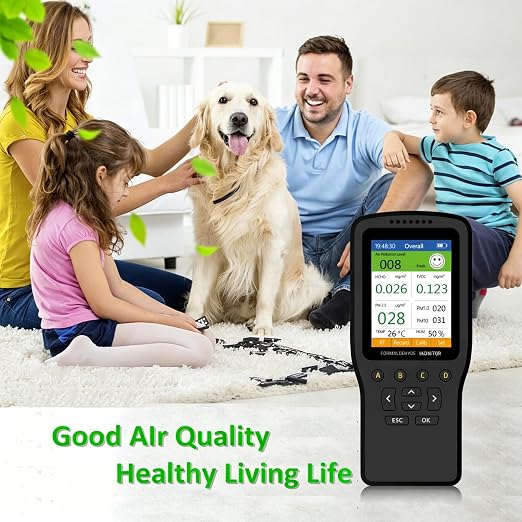Air Quality Monitor, 8-in-1 Air Quality Monitor, for Enclosed Spaces | Measures HCHO, TVOC, AQI, Temp, Hum PM1.0, PM2.5, PM10，with a Color LED Screen Showing Specific Real-time Data Clearly.