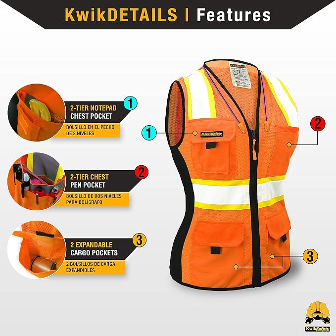 KwikSafety FIRST LADY Safety Vest for Women [Orange, Large] + TORTOISE Full Brim Hard Hat Bundle