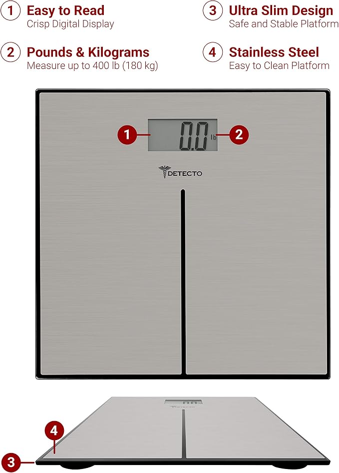 Detecto D133 Deluxe Modern Stainless Steel Body Weight Bathroom Scale, Digital LCD Display, 400lb Capacity