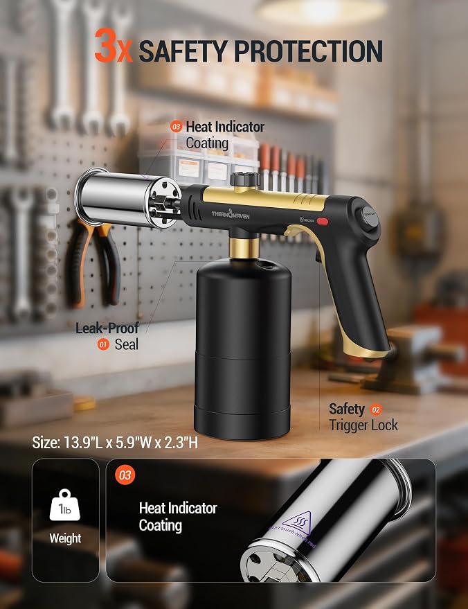 ThermoMaven Propane Torch with One-Touch Max Fire, Cooking Blow Torch Gun with a Safety Lock, Charcoal Lighter, Flame Thrower, Kitchen Food Torch Head for Grill, Sous Vide, BBQ, Gold