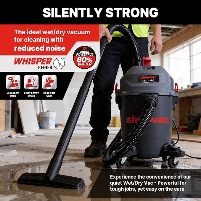 Shop-Vac 6 Gallon Ultra Quiet Shop Vacuum Wet and Dry, 4.5 PHP Powerful Suction Wet/Dry Vacuum with Attachments, 1-7/8 in. x 7 Ft Hose, 15 Ft Cord, Ideal for Jobsite, Garage, Workshop & Home, 5430541