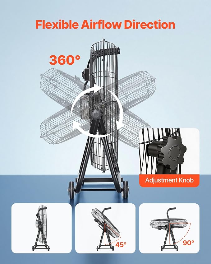 VEVOR Industrial Shop Fan, 24 Inch Floor Drum Fan, High Velocity 7500 CFM, Heavy Duty Aluminum Blades, 3 Speeds, 360 Degree Tilt, Ideal for Commercial, Garage, Warehouse, Basement, Workshop, Black