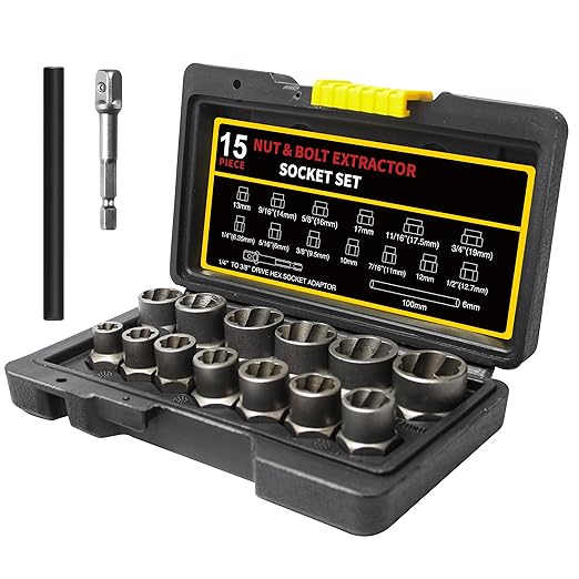 15Pcs Bolt Extractor Socket Set, Heavy-Duty Nut Socket Set, 3/8" Drive Impact Stripped Bolt Remover & Locking Lug Nut Tool for Damaged/Frozen/Rusted Bolts, Nuts & Screws, Storage Case Included