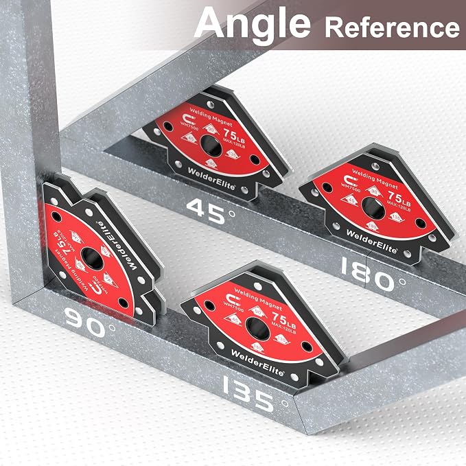 Welding Magnets 6-Pack: 2×25LB, 2×50LB, 2×75LB, Arrow Holder 45°/90°/135°, Galvanized Steel | Galvanized steel frame resists heat. Kit for light tack to heavy structural welding. Ideal for pro MIG/TIG/stick shop use