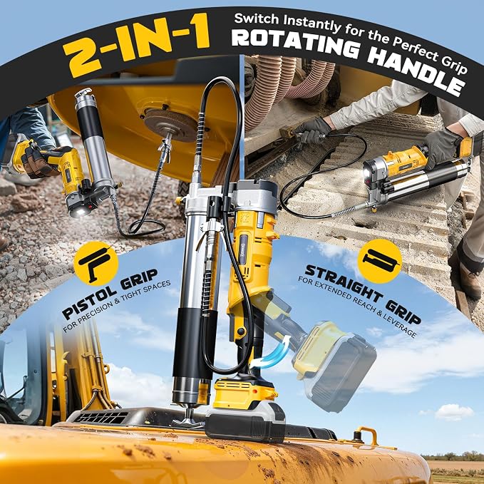 DIYtoolifz Cordless Grease Gun Compatible with DeWalt 20V Battery, 12000PSI High-Pressure with 2-in-1 Rotating Handle, 39.4" Hose & 4 Couplers for Bulk & Cartridge Grease (Tool Only)