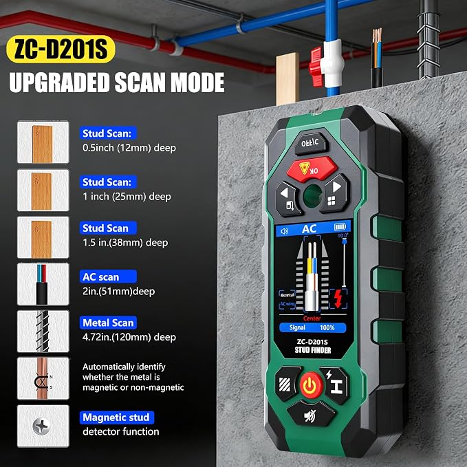 Stud Finder Wall Scanner with Laser Measure and Level 10 in1 Wall Detector Precisely Locates Wooden Studs/Metal Pipes/AC Power Stud Detector Beam Finders Studs Joist Pipe Edge of Wood LCD Display