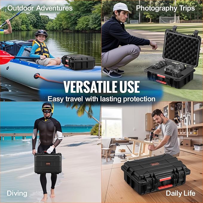 VEVOR Weatherproof Hard Case, Heavy Duty Protective Dry Box with Pre-cut Foam, Retractable Pull Handles for Travel, Hunting, Military, Tactical, IP67 Waterproof Case for Cameras(14.96x11.81x5.51)