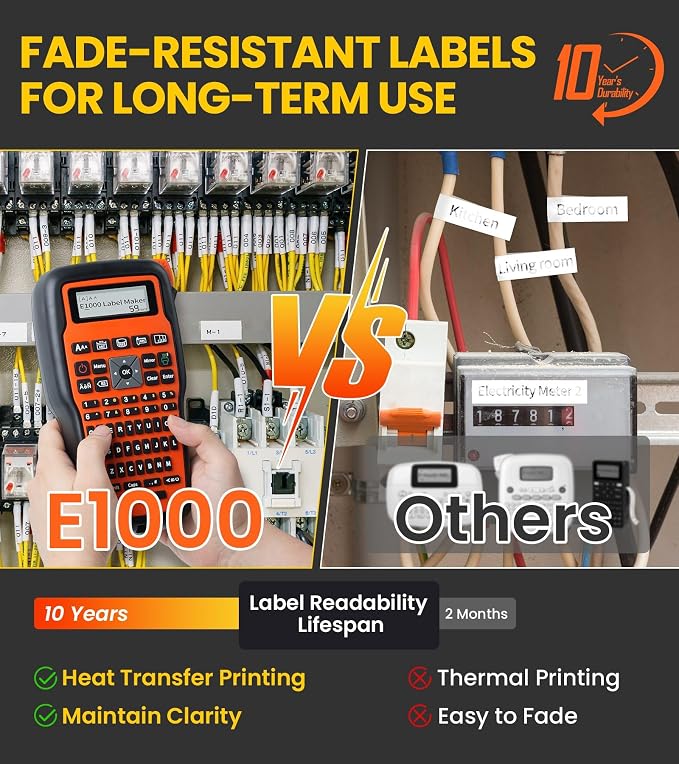 E1000 Wire Cable Label Maker, 6PK Flexible Wire Tapes & 2PK 12mm 0.47 Heat Shrink Tube Tapes, Heat Shrink Label Maker Waterproof-Labels, Handheld Labeler for Industrial Electrical Use
