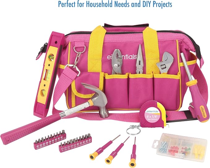 Pink Tool Set 32 Piece, Mini Tool Kit, Home Repair Tool Set with Hammer, Pliers, Adjustable Wrench, Screwdrivers, Tape Measure, Level, and Bits, Dorm Room Essentials for Girls