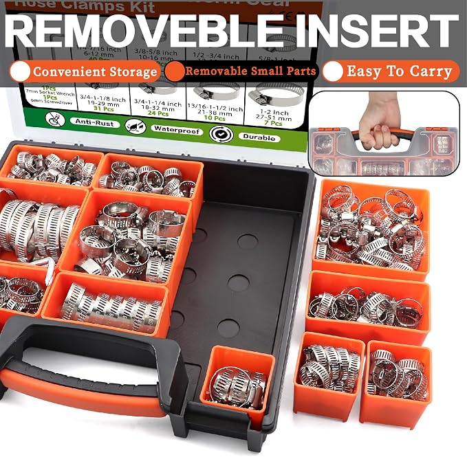 210Pcs Stainless Steel Hose Clamps Assortment Kit 1/4"to 2"(6-51mm) Adjustable Worm Gear Hose Clamps, Small Heavy Duty Hose Clamps for Automotive/Garden/Water Pipe/Sprinkler Line/Fuel Line