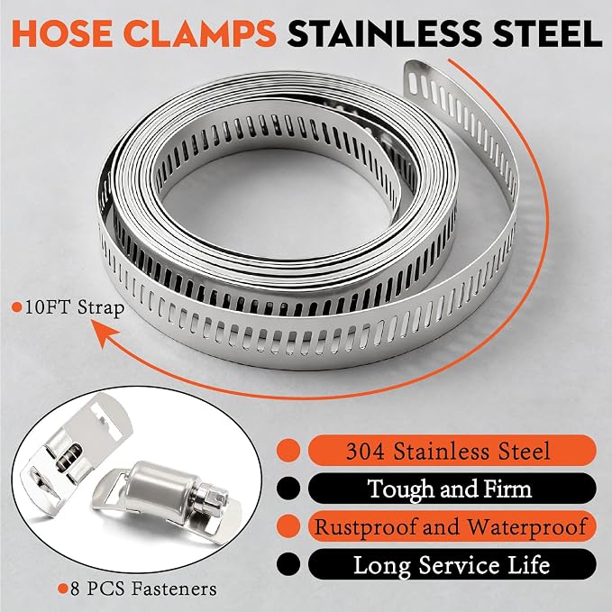 185pcs 304 SS Worm Gear Hose Clamp Kit for Auto & Plumbing | Leak-Proof 1/4"-2" Adjustable 304 Stainless Clamps with 10FT Custom Strap. Rust-Resistant for Heavy-Duty Pipe Repairs