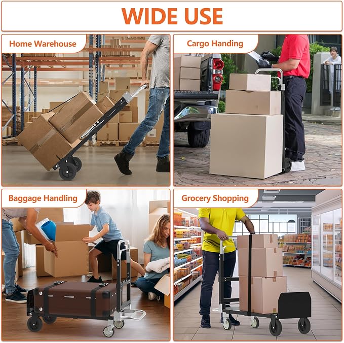 3 in 1 Heavy Duty Folding Hand Truck, Convertible Portable Steel Dolly with Telescopic Handle, Foldable Utility Cart with Rubber Wheels, 500 LBS