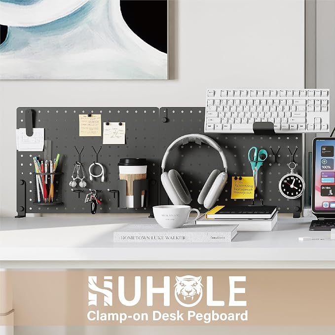 HUHOLE 32 x 12 Inch Clamp On Desk Pegboard Complete Kit | No Drill Metal Privacy Panel and Organizer with Accessories for Home Office, Gaming Setup, Cables and Supplies