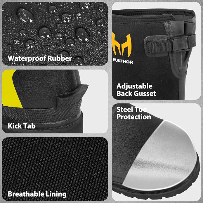 Rubber Work Boots with 800g Insulation, Puncture-Proof Steel Toe & Shank, Lightweight EVA Outsole Waterproof Insulated Neoprene Hunting Boots for Farming, Construction and Manufacturing (Size 6-14)