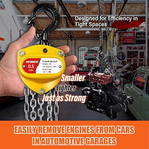 YATOINTO Chain Hoist 1/2 Ton (1100 lbs) Capacity, Small & Mini Chain Hoist with 10 FT Lift, 11'' Low Headroom, Industrial-Grade Steel Chain Fall for Garage & Automotive Use