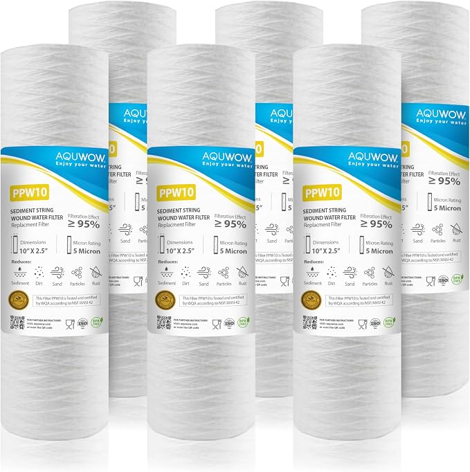 PPW10 5 Micron 2.5" x 10" String Wound Sediment Filter Set – Replacement Cartridges for Whole House & Under Sink Systems, Durable Depth Filtration (6, 10 x 2.5)