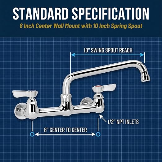 Krowne 12-810L Wall Mount Faucet, Silver Series, 8" Center Splash-Mounted, Heavy Duty Low Lead Faucet with 10" Swing Spout, 1.8 GPM, Chrome-Plated, NSF, 12-3/8"W x 10" D x 4-3/8"H