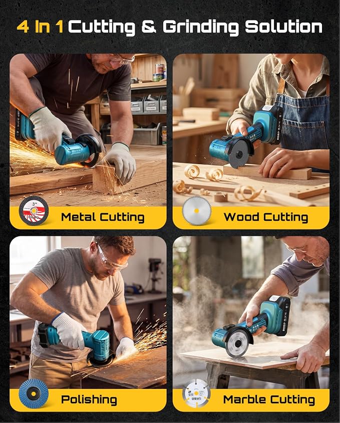 SEESII Cordless Mini Angle Grinder: 3-Inch Brushless Angle Grinder 19000 RPM with 2pcs 21V 2.0Ah Batteries, 7pcs Cutting Discs, 210W Power Electric Grinder Tool for Metal Wood Polishing Rust Removal