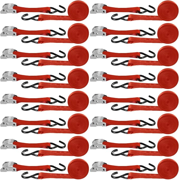 Riakrum 16 Pcs Cambuckle Tie Down Straps 1763lbs Break Strength Securing Straps 1'' x 15 ft Cambuckle Tie Downs with S Hook for Motorcycle, Kayak, Car, Truck, Boat Moving, Securing Cargo (Red)