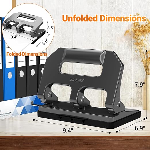 AFMAT Heavy Duty 3 Hole Punch, 3 Hole Puncher for Binder, 40-Sheet Three Hole Punch w/ 10000+ Uses, Metal Hole Puncher 3 Ring, 50% Reduced Effort, 9/32inch Hole, Bulit-in S.S. Paper Guide HPX1 (Gray)